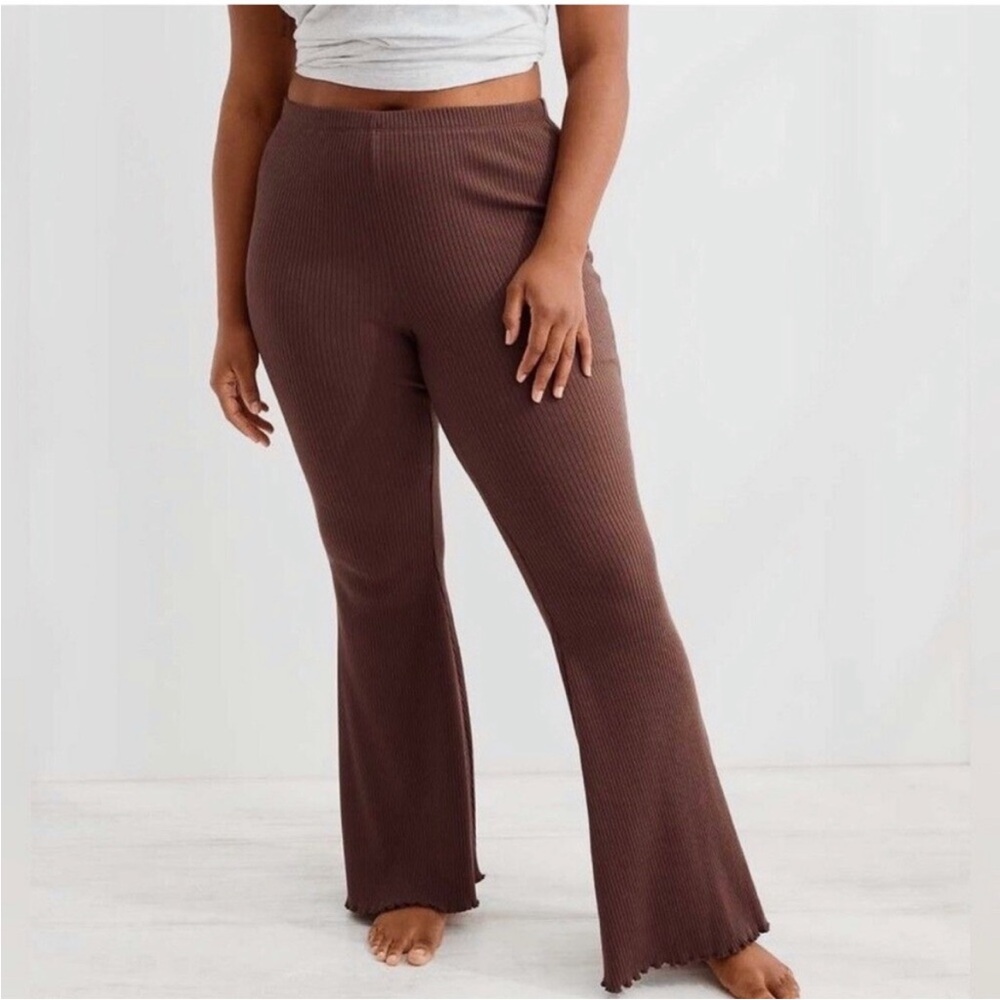 Aerie Chocolate Brown Ribbed Knit Flare Pants XS cozy outfit lounge staple comfy